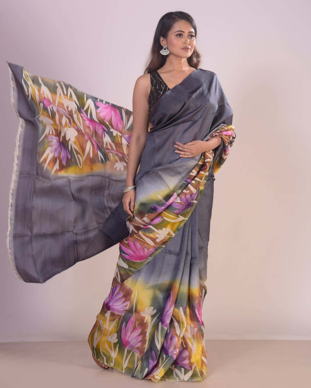 HANDPAINTED MULBERRY HANDLOOM SILK SAREE-040 - indeloom