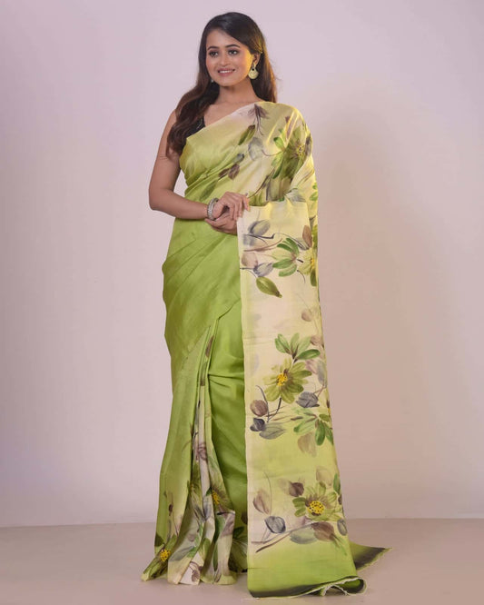 HANDPAINTED MULBERRY HANDLOOM SILK SAREE-043 - indeloom