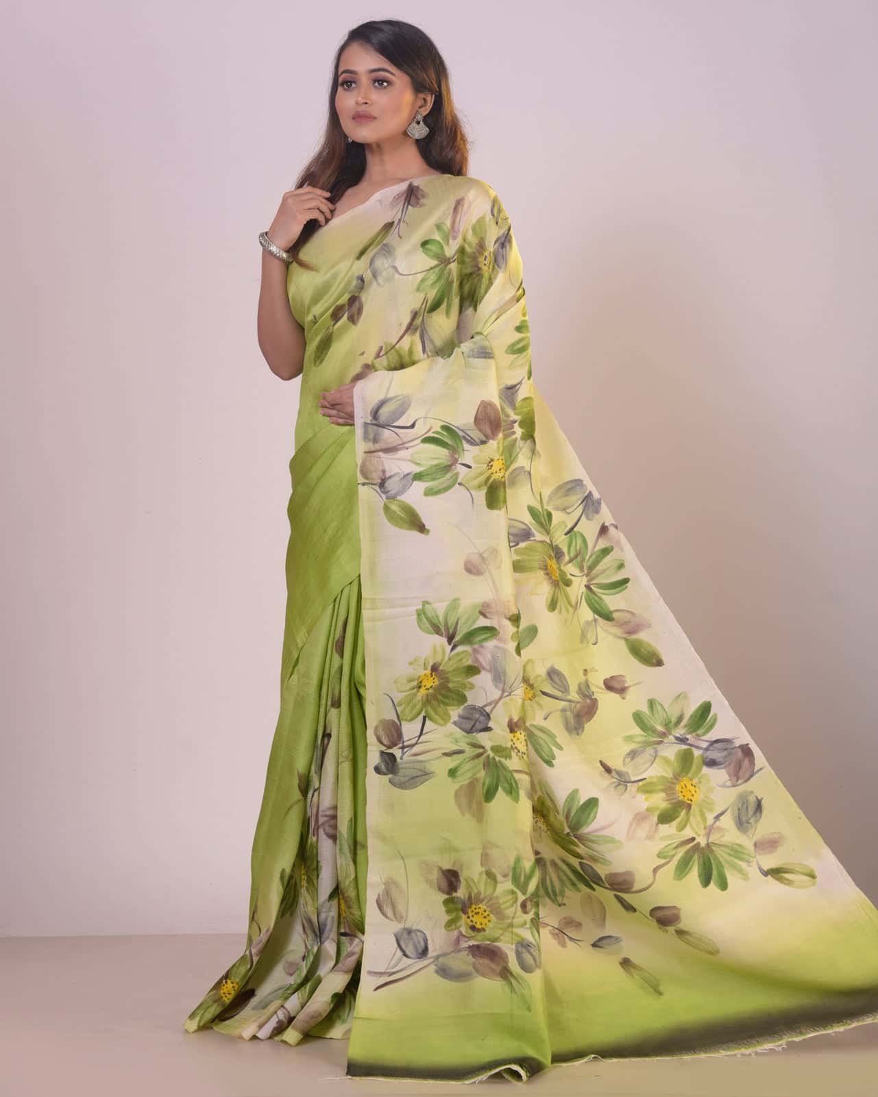 HANDPAINTED MULBERRY HANDLOOM SILK SAREE-043 - indeloom