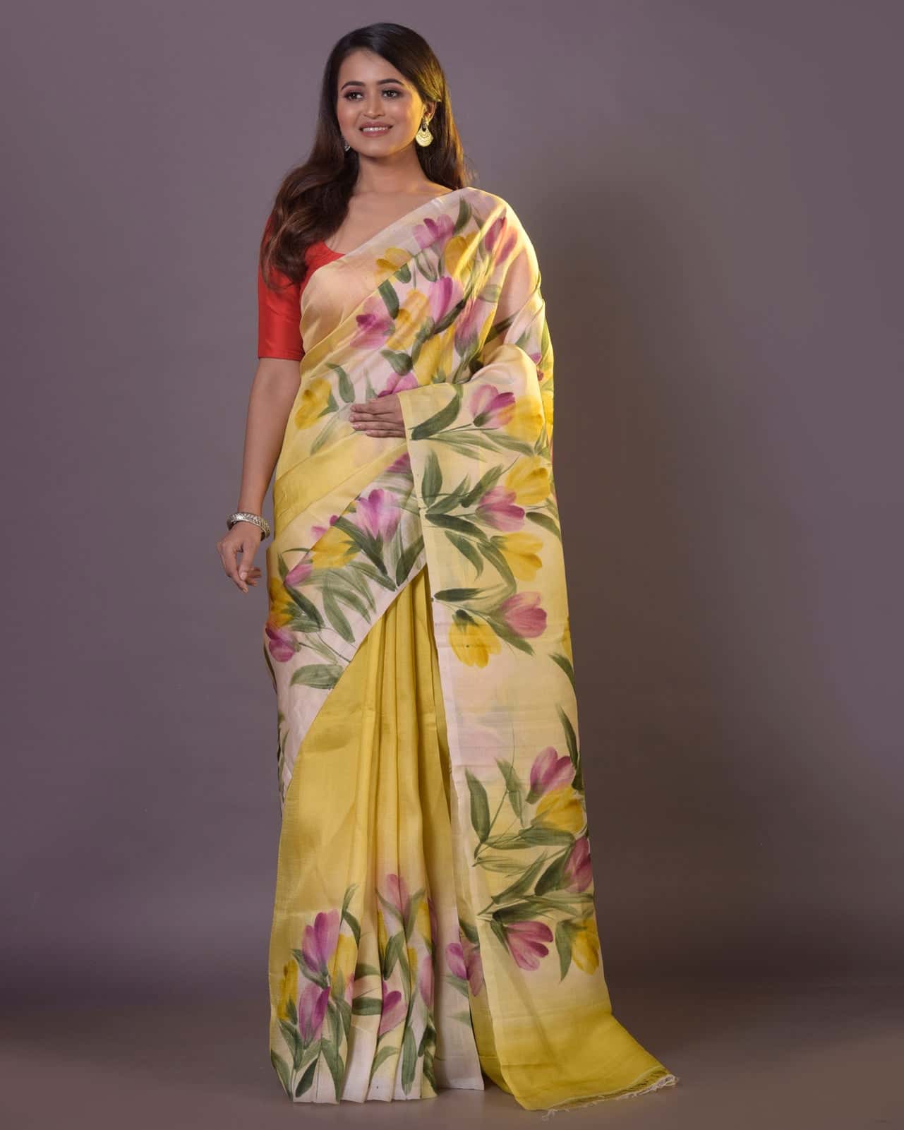 HANDPAINTED MULBERRY HANDLOOM SILK SAREE-045 - indeloom