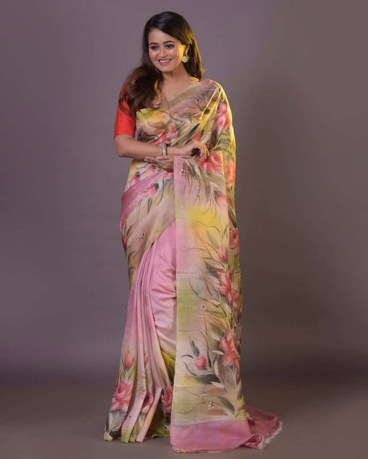 HANDPAINTED MULBERRY HANDLOOM SILK SAREE-047 - indeloom
