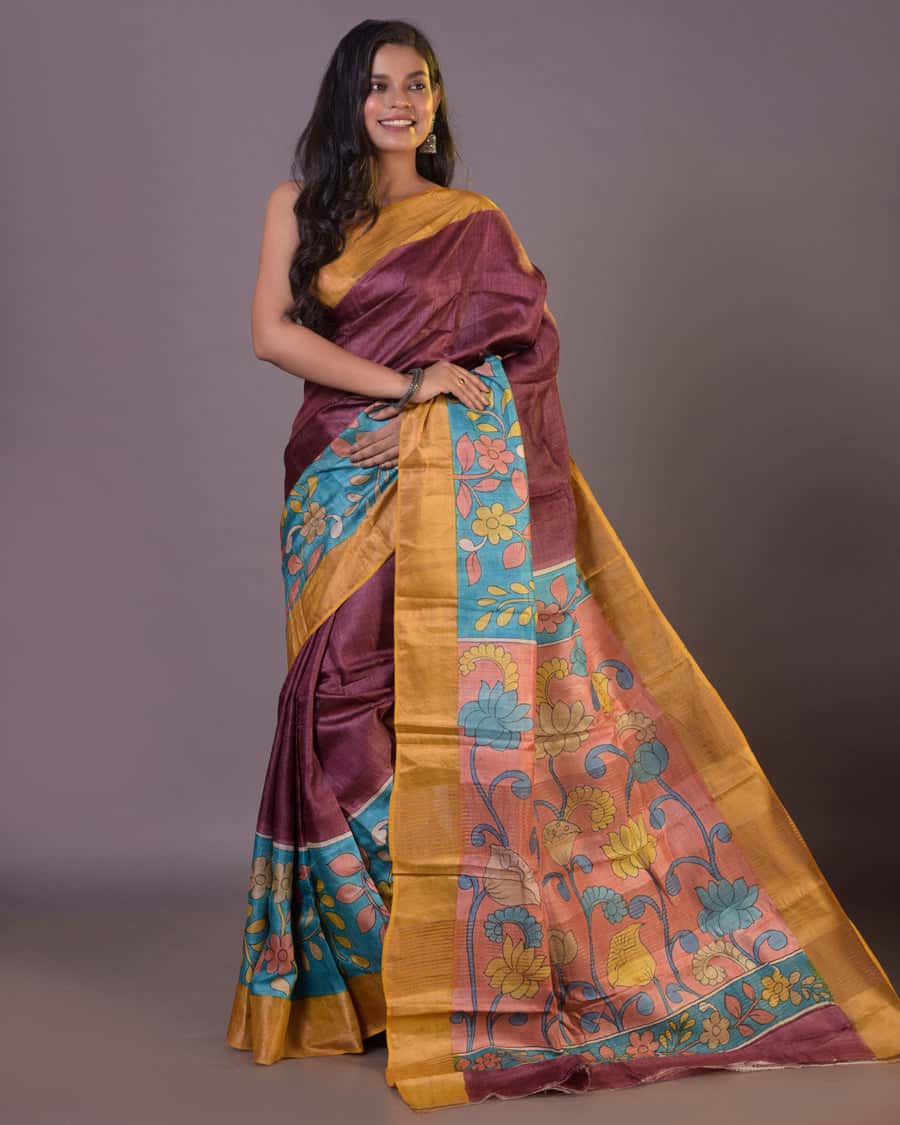 HANDPAINTED TUSSAR SILK SAREE-063 - indeloom