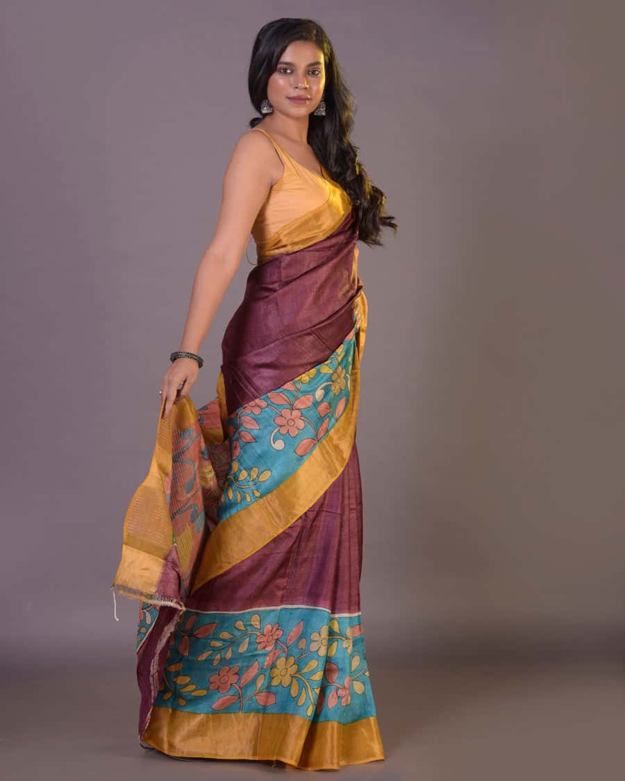 HANDPAINTED TUSSAR SILK SAREE-063 - indeloom