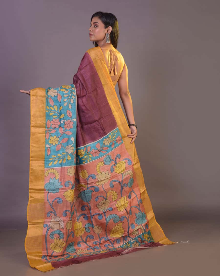 HANDPAINTED TUSSAR SILK SAREE-063 - indeloom