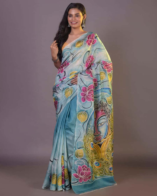 Hand Painted Mulberry Handloom Silk Saree-060 - indeloom