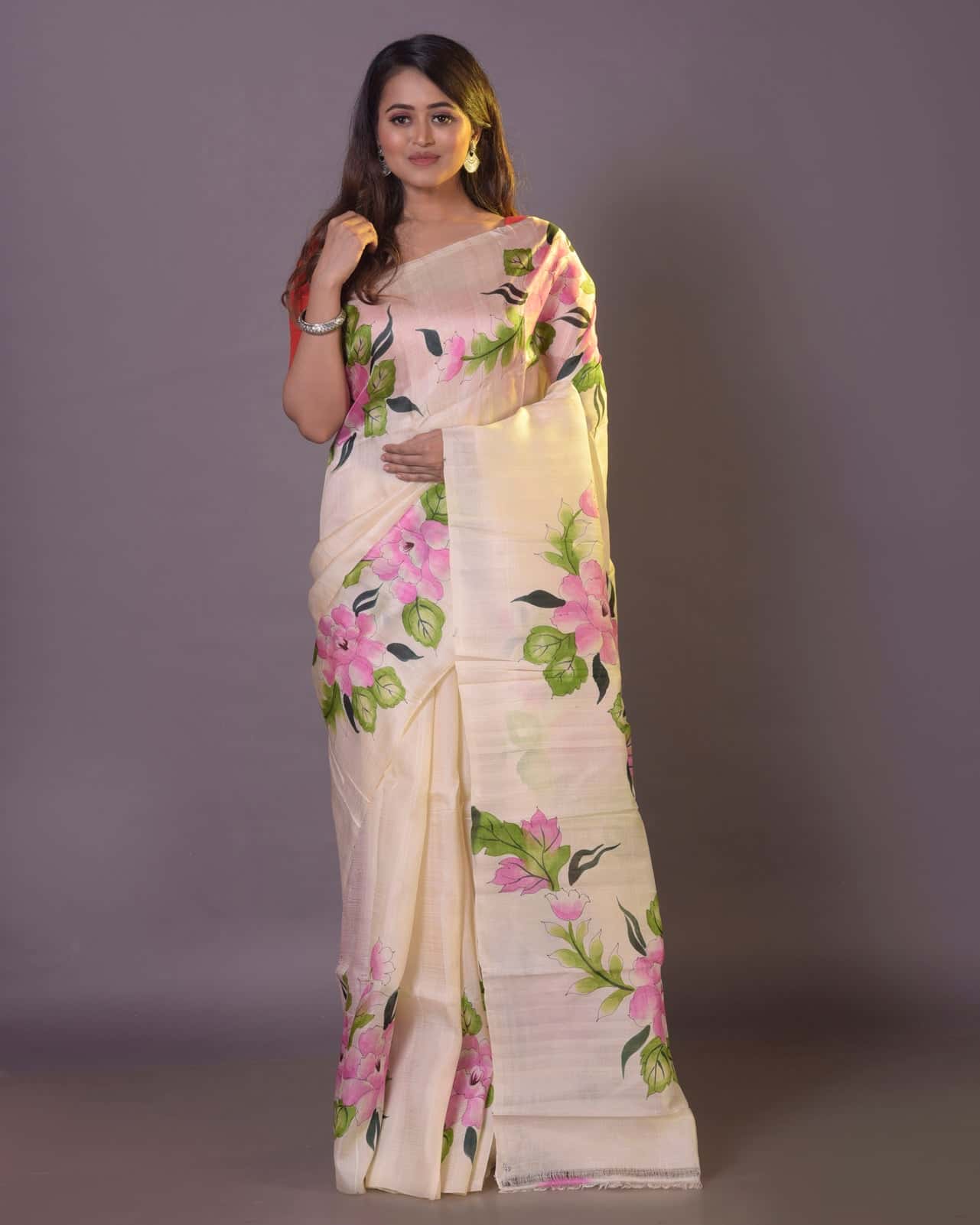 HANDPAINTED MULBERRY HANDLOOM SILK SAREE-049 - indeloom
