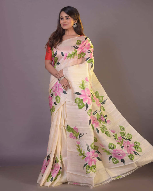 HANDPAINTED MULBERRY HANDLOOM SILK SAREE-049 - indeloom