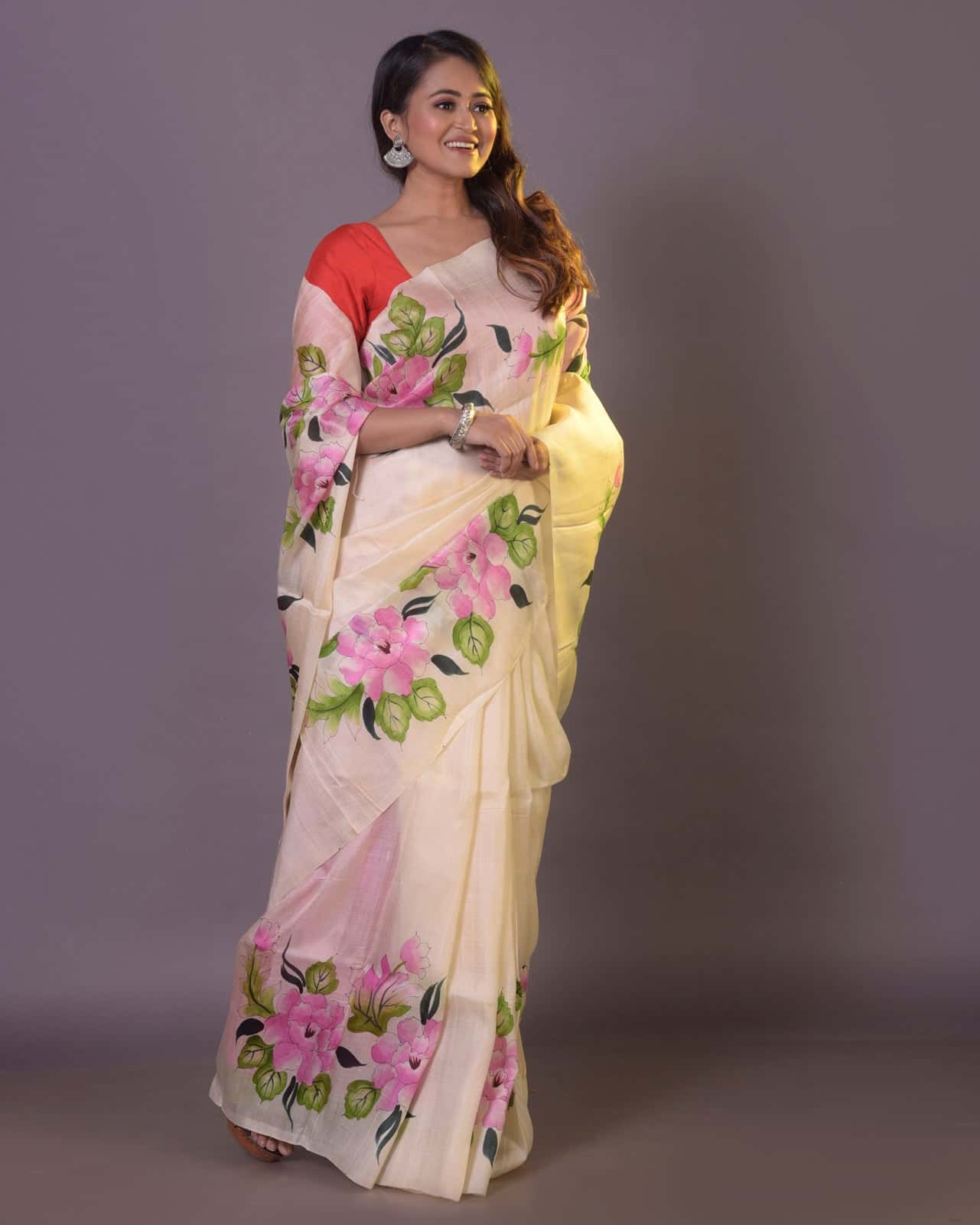 HANDPAINTED MULBERRY HANDLOOM SILK SAREE-049 - indeloom