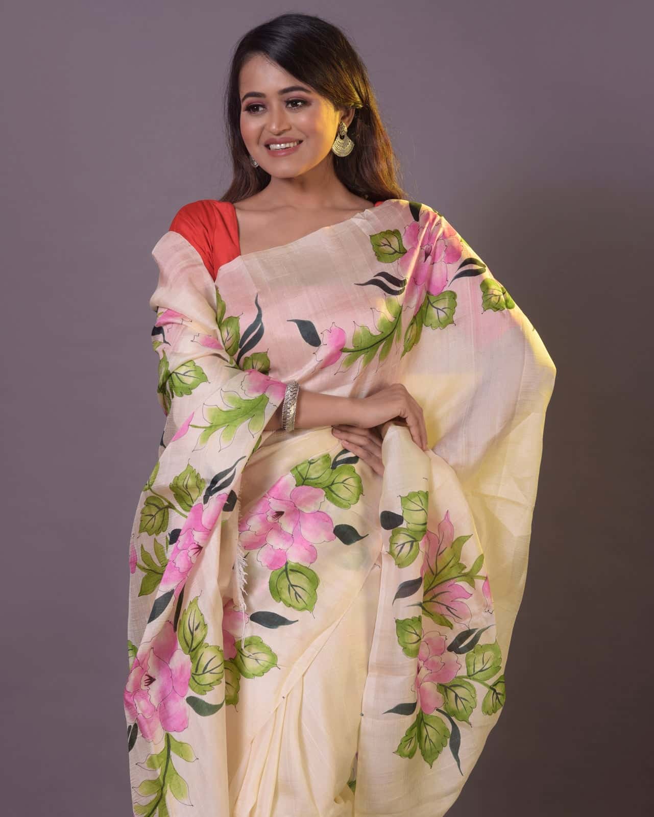 HANDPAINTED MULBERRY HANDLOOM SILK SAREE-049 - indeloom