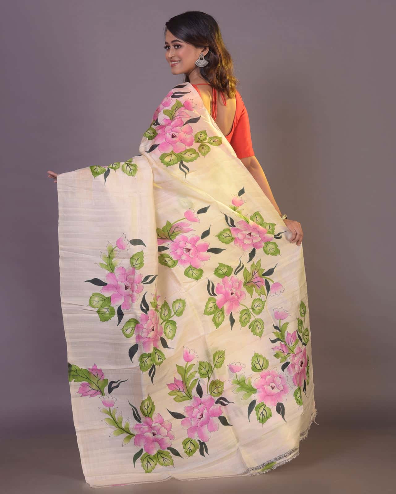 HANDPAINTED MULBERRY HANDLOOM SILK SAREE-049 - indeloom