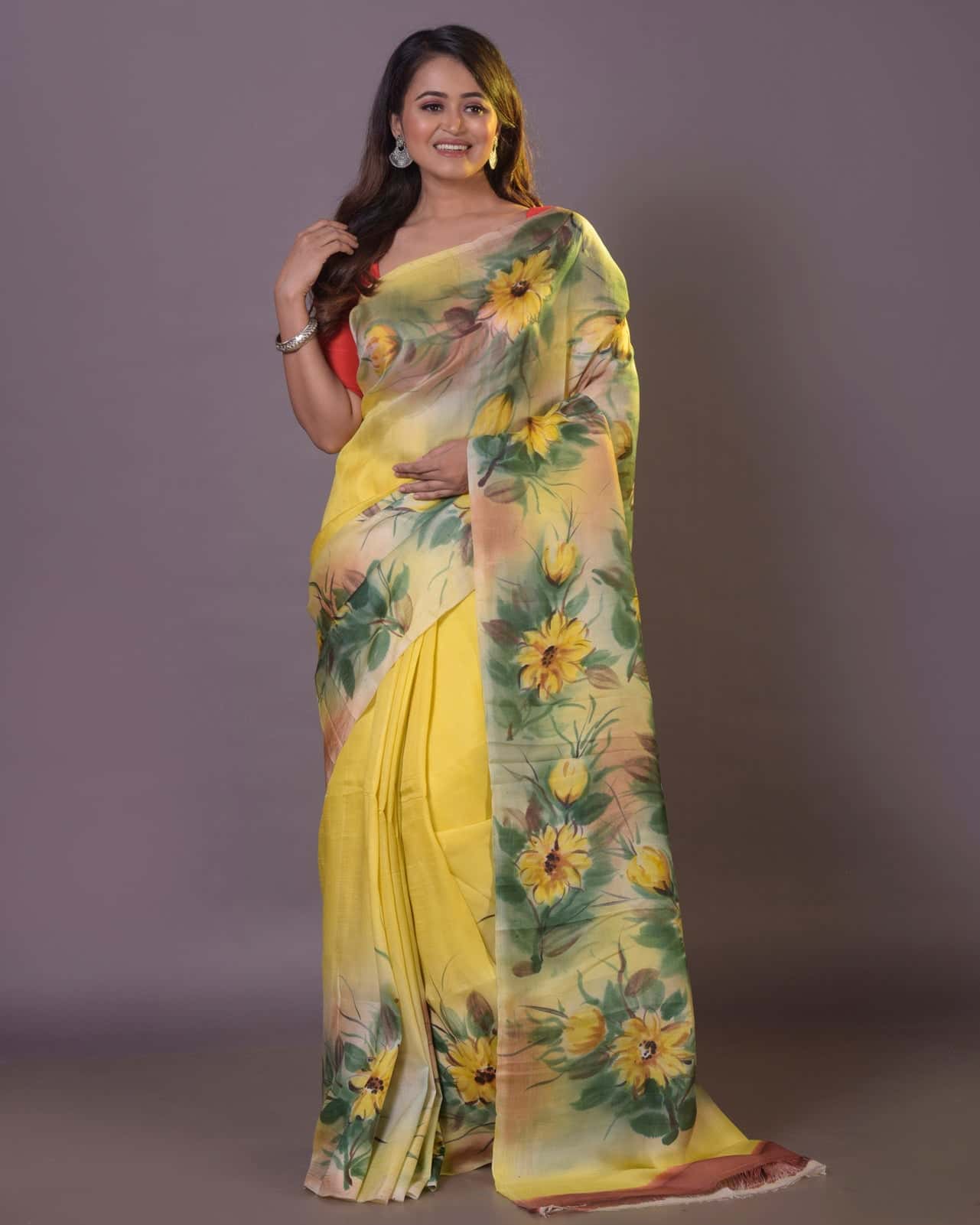 HANDPAINTED MULBERRY HANDLOOM SILK SAREE-051 - indeloom