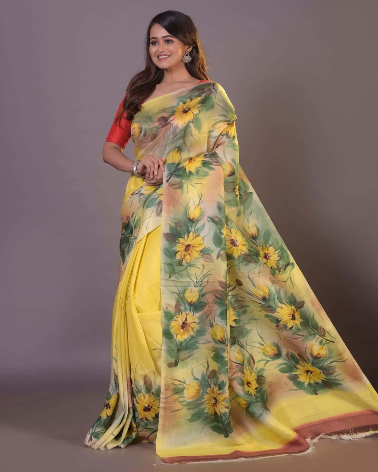 HANDPAINTED MULBERRY HANDLOOM SILK SAREE-051 - indeloom