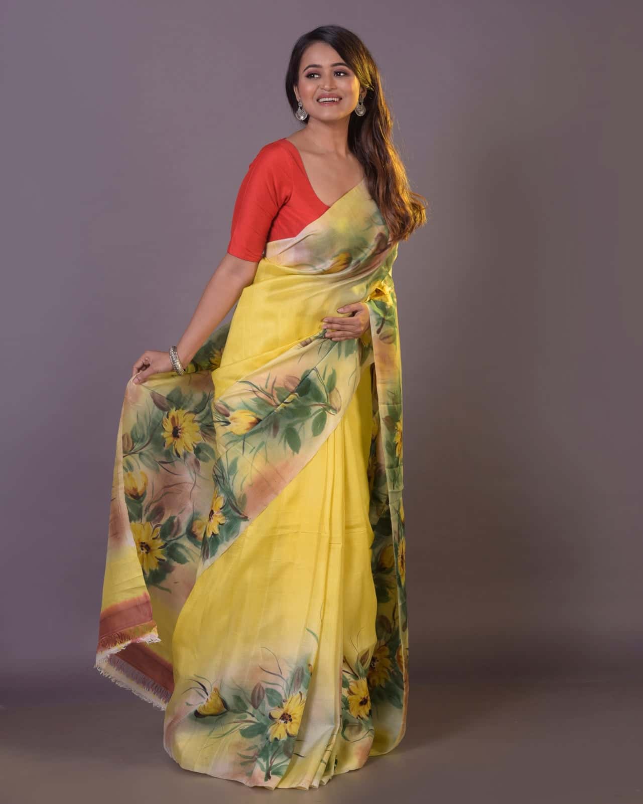 HANDPAINTED MULBERRY HANDLOOM SILK SAREE-051 - indeloom