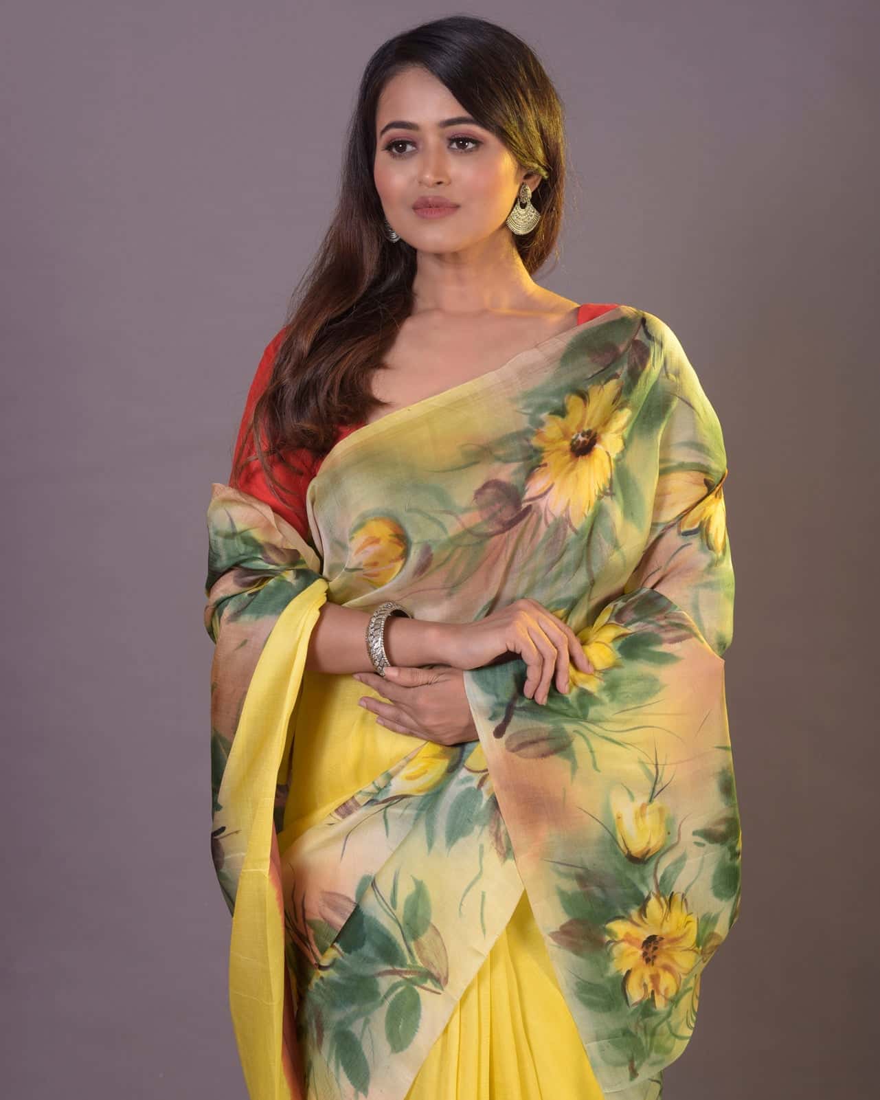 HANDPAINTED MULBERRY HANDLOOM SILK SAREE-051 - indeloom