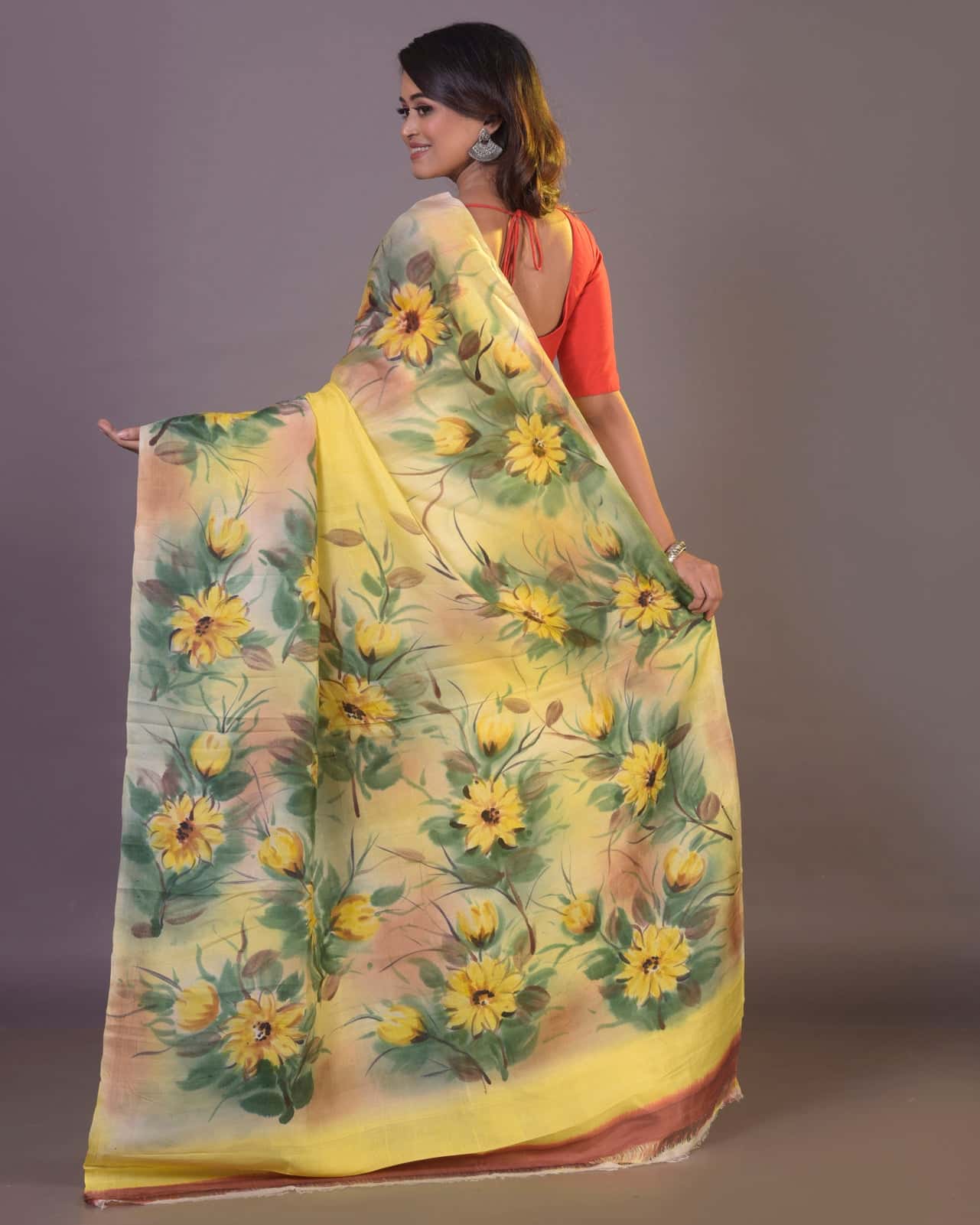 HANDPAINTED MULBERRY HANDLOOM SILK SAREE-051 - indeloom