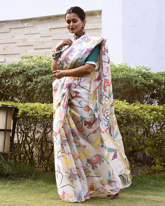 Elephant and Bird Motifs on Beigh Color Jamdani Saree - 044