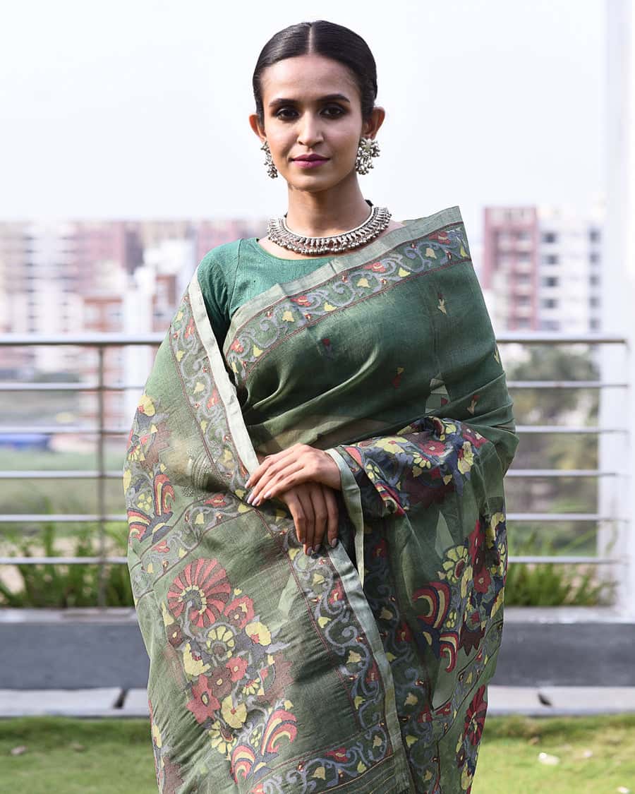 Multicolor Florals on Green Jamdani Saree(Pre-Order)-041