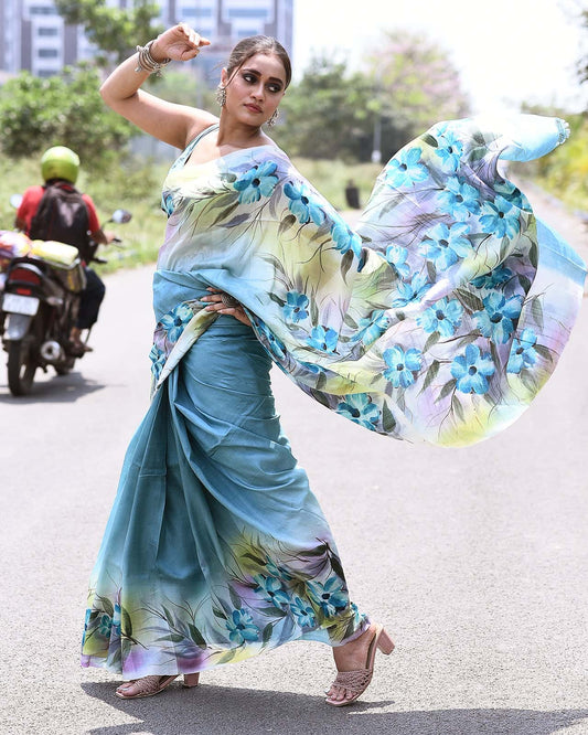 Handpainted Mulberry Handloom Silk Saree-001 - indeloom