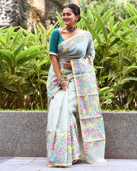 Handwoven Pure Jamdani Muslin Saree | Apricot Orange
