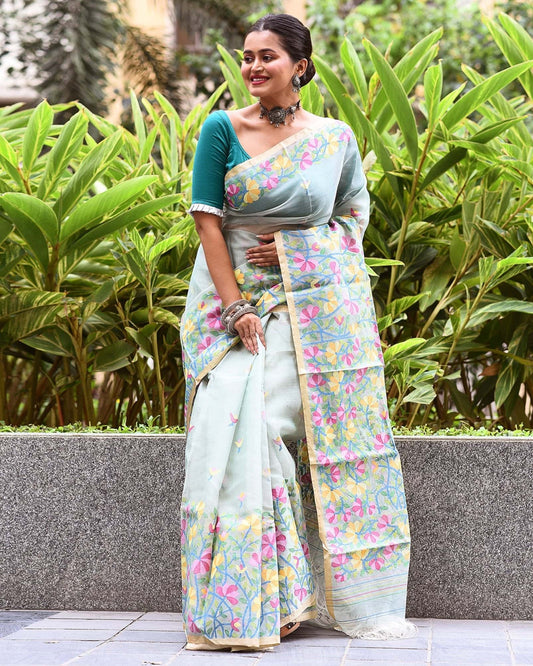 Yellow and Pink Florals Hand Made Jamdani Saree - 002