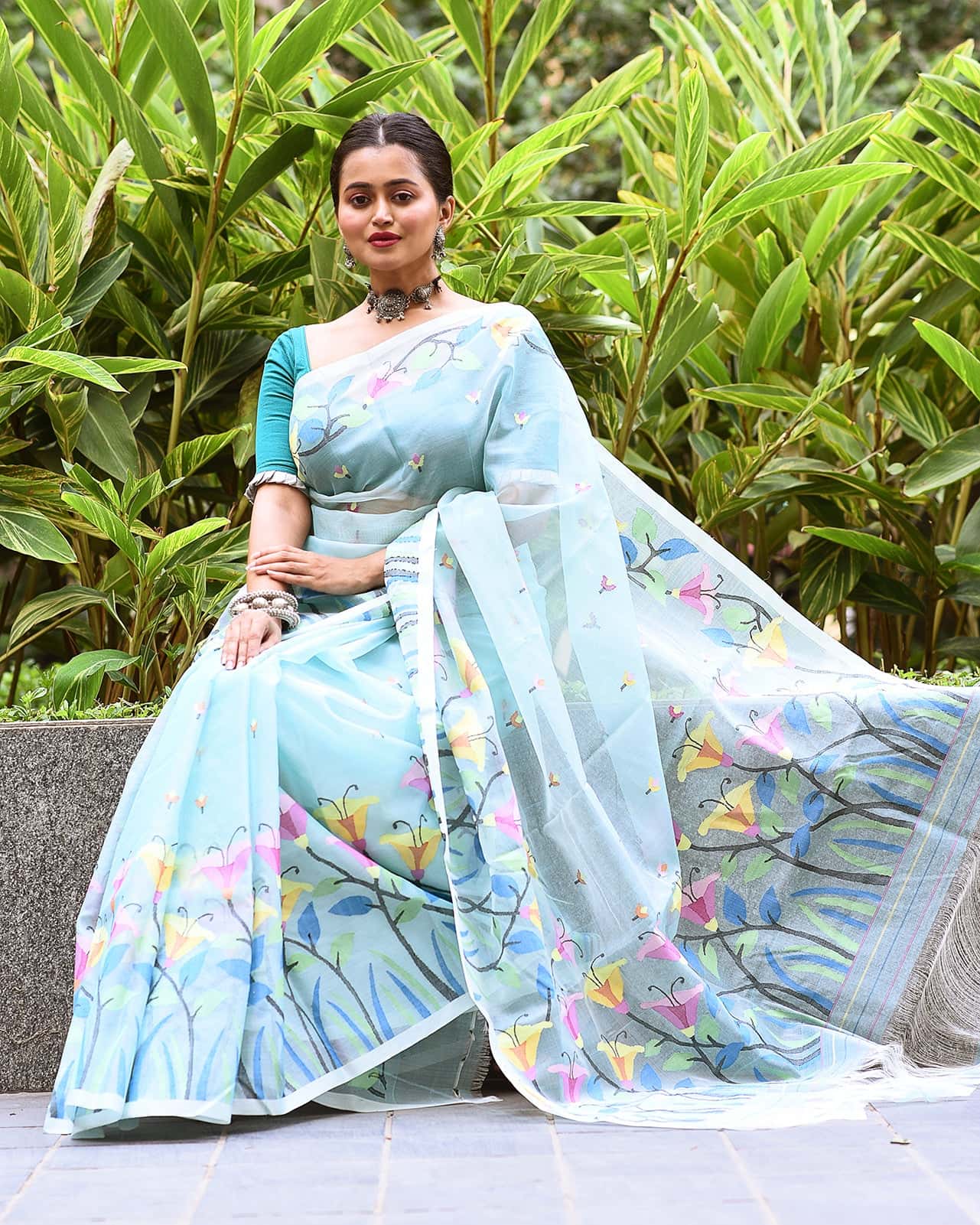 Light Blue and Multicolor Florals Jamdani Saree-004 - indeloom