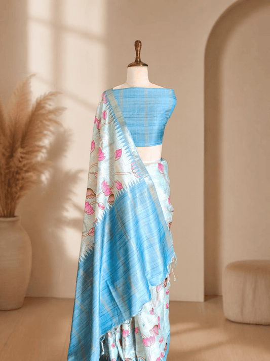 Exclusive Printed Tussar Semi Silk Saree | Beige