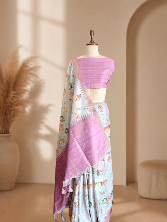 Exclusive Printed Tussar Semi Silk Saree | Blue