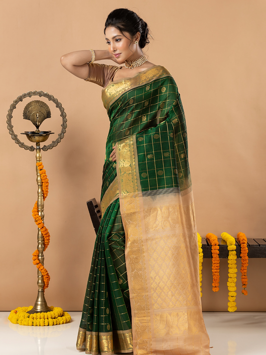 Handloom Korvai Silk Cotton Saree | Bottle Green