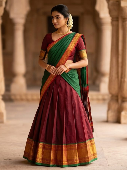 Handloom Narayanpet Cotton Half Saree | Deep Maroon