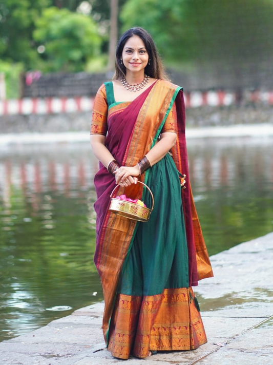Handloom Narayanpet Cotton Half Saree | Deep Teal Green