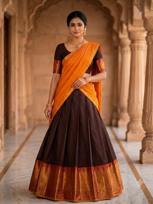 Handloom Narayanpet Cotton Half Saree | Chocolate Brown