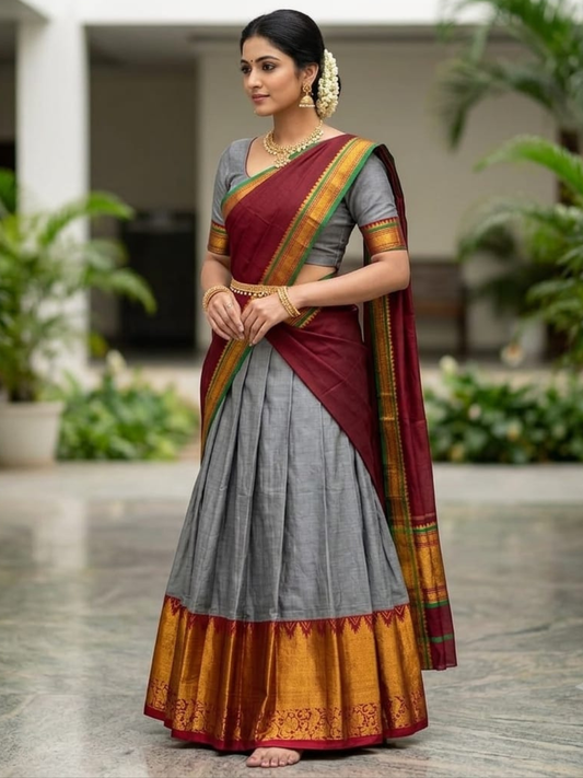 Handloom Narayanpet Cotton Half Saree | Silver Grey