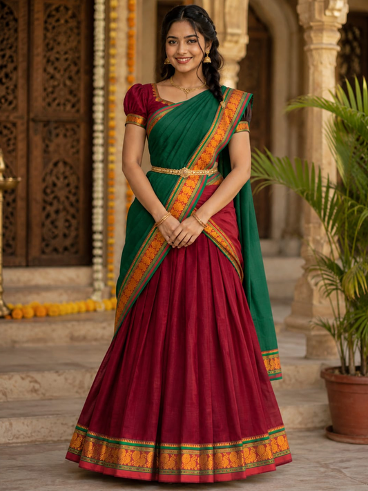 Handloom Narayanpet Cotton Half Saree | Wine Maroon