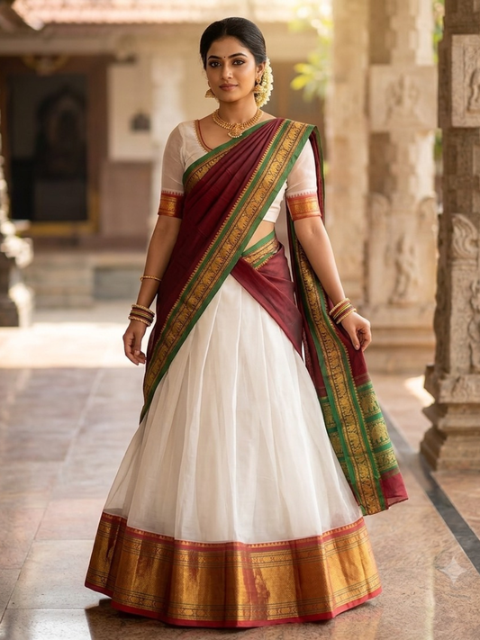 Handloom Narayanpet Cotton Half Saree | Off-White