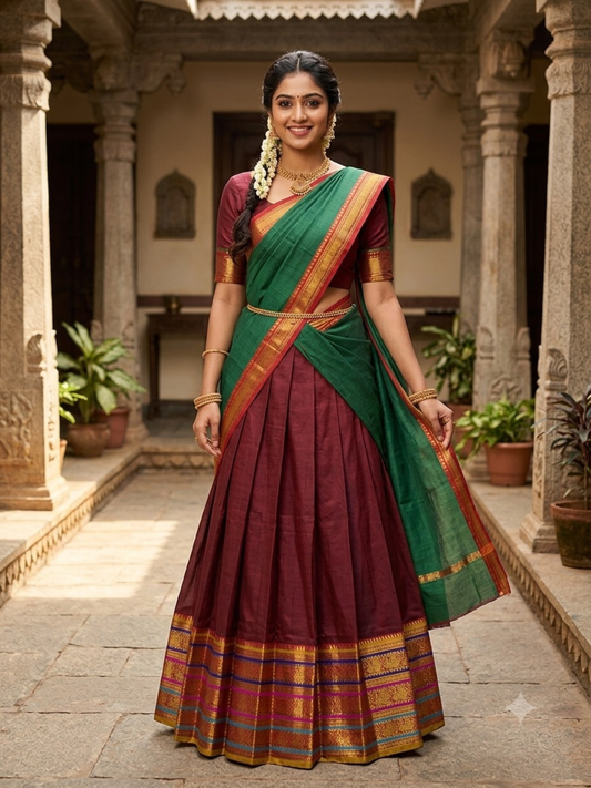 Handloom Narayanpet Cotton Half Saree | Wine Maroon