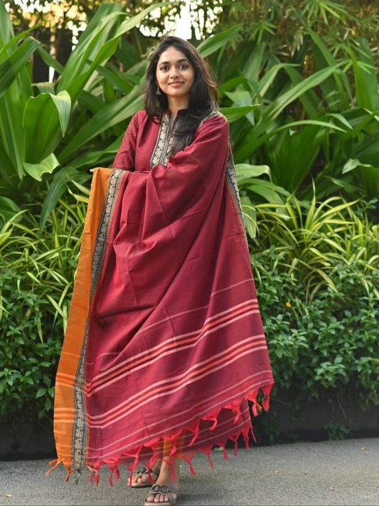 Handloom Narayanpet Cotton Unstitched 2-Piece Kurti | Wine Maroon