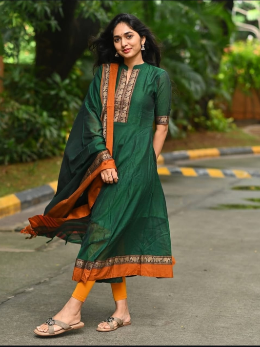 Handloom Narayanpet Cotton Unstitched 2-Piece Kurti | Bottle Green