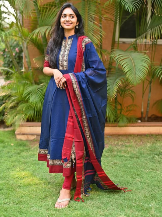 Handloom Narayanpet Cotton Unstitched 2-Piece Kurti | Navy Blue