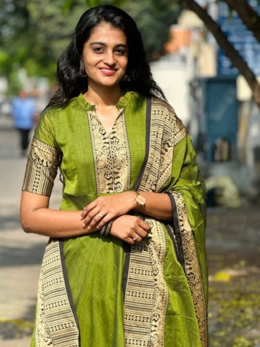 Handloom Narayanpet Cotton Unstitched 2-Piece Kurti | Olive Green