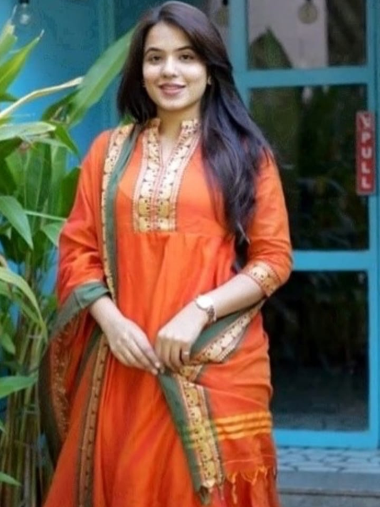 Handloom Narayanpet Cotton Unstitched 2-Piece Kurti | Burnt Orange