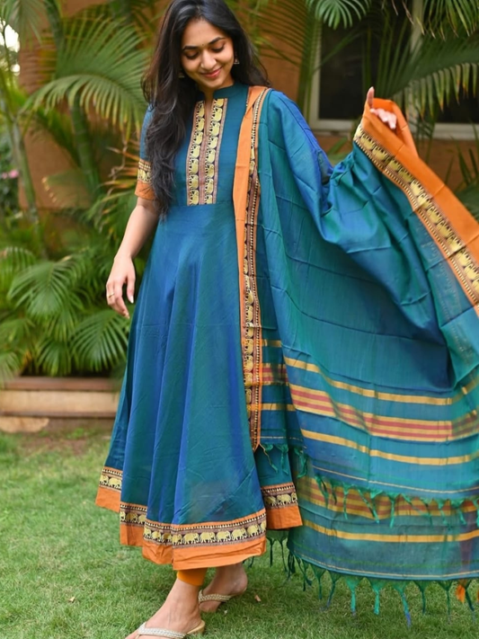 Handloom Narayanpet Cotton Unstitched 2-Piece Kurti | Teal Blue