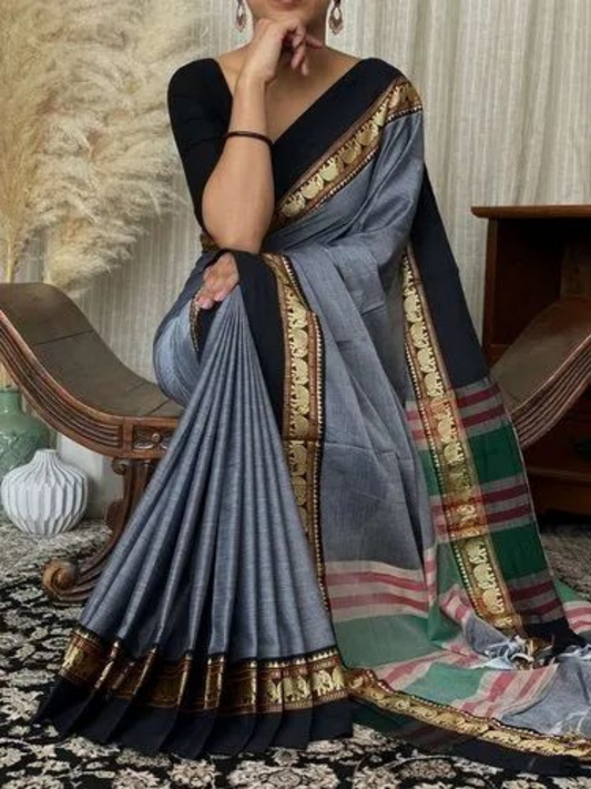 Handloom Narayanpet Cotton Saree | Slate Grey