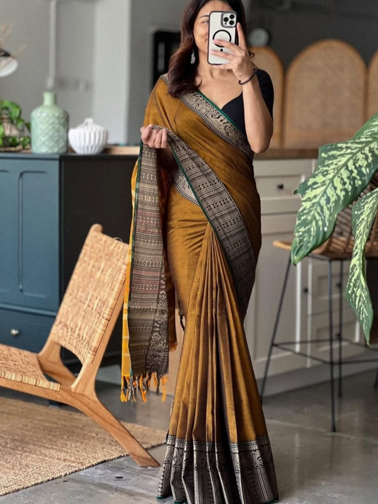Handloom Narayanpet Cotton Saree | Mustard Gold