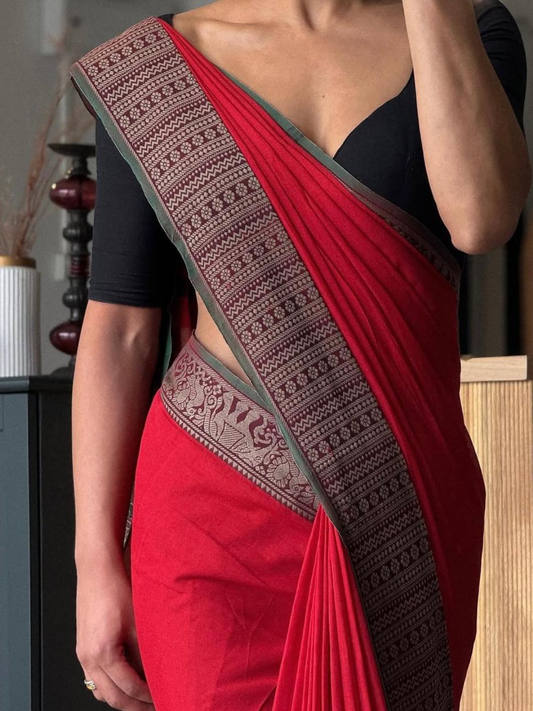 Handloom Narayanpet Cotton Saree | Bright Red