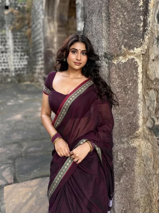 Handloom Narayanpet Cotton Saree | Deep Wine Plum