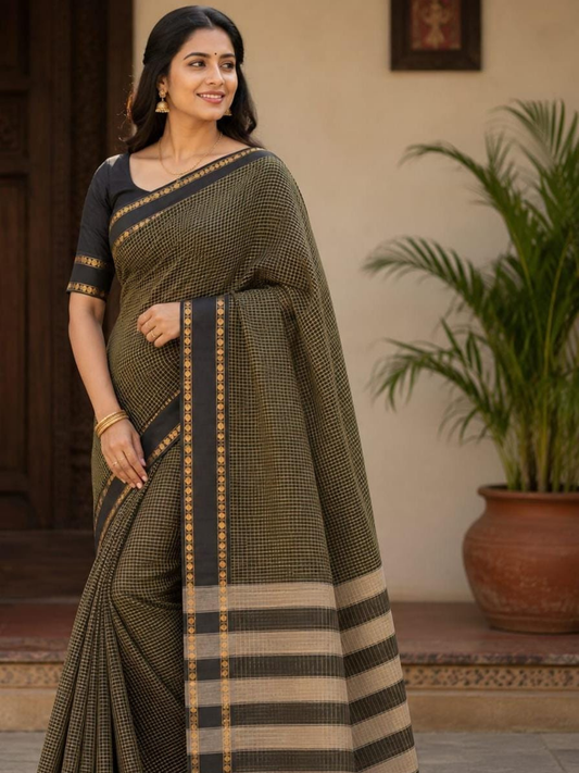 Handloom Narayanpet Cotton Saree | Olive Charcoal