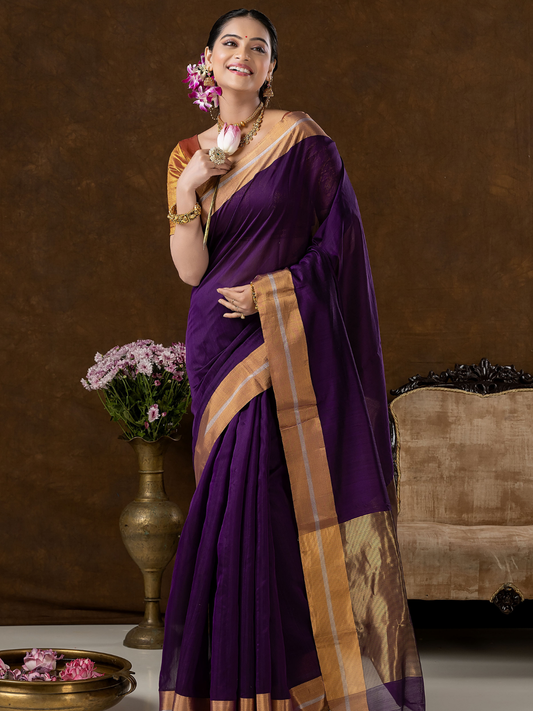 Handwoven Chanderi Silk Cotton Saree | Royal Purple