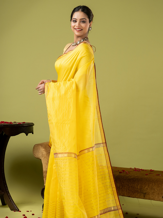 Handwoven Chanderi Silk Cotton Saree | Bright Yellow