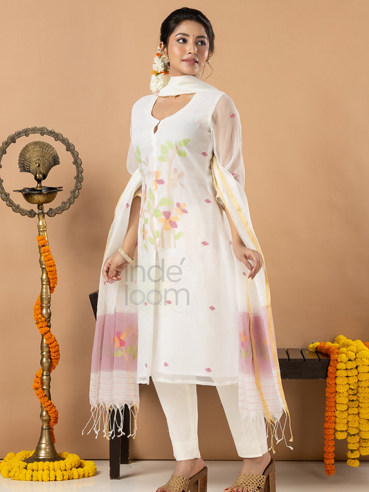 Handwoven Jamdani Muslin Unstitched 2-piece Kurti | White | Scattered Buttas with Floral border