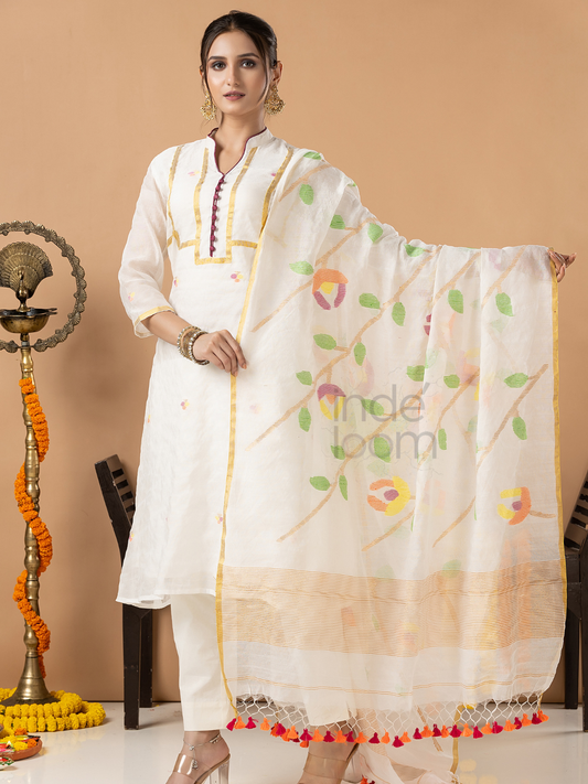 Handwoven Jamdani Muslin Unstitched 2-piece Kurti | White | Scattered Buttas with Floral border